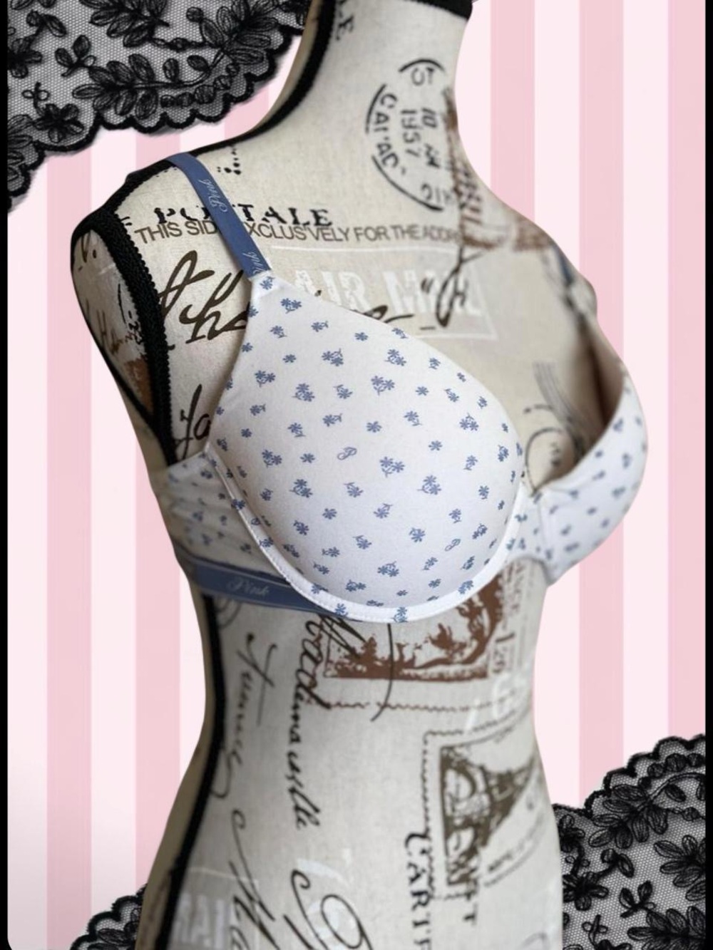 Victoria's Secret PINK Wear Everywhere Push-Up Bra Floral Denim 32DD NWT